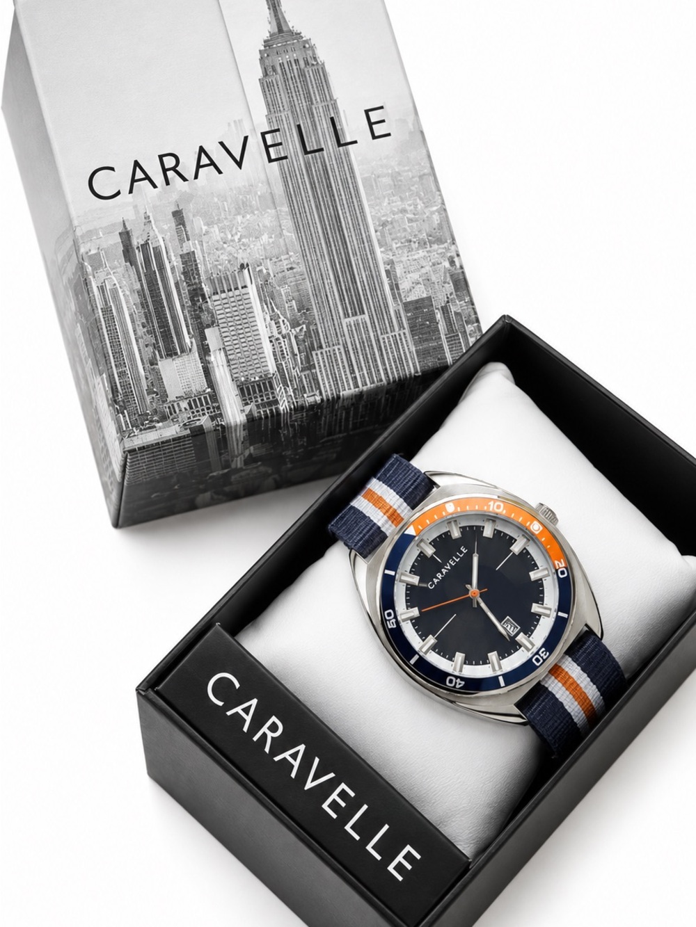 Caravelle Navy and Orange Men's Nylon Strap Watch